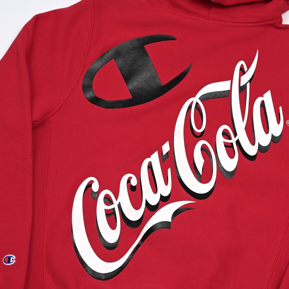 Champion x Coca Cola Reverse Weave Hoodie Small Red Sweatshirt Stacked Logo